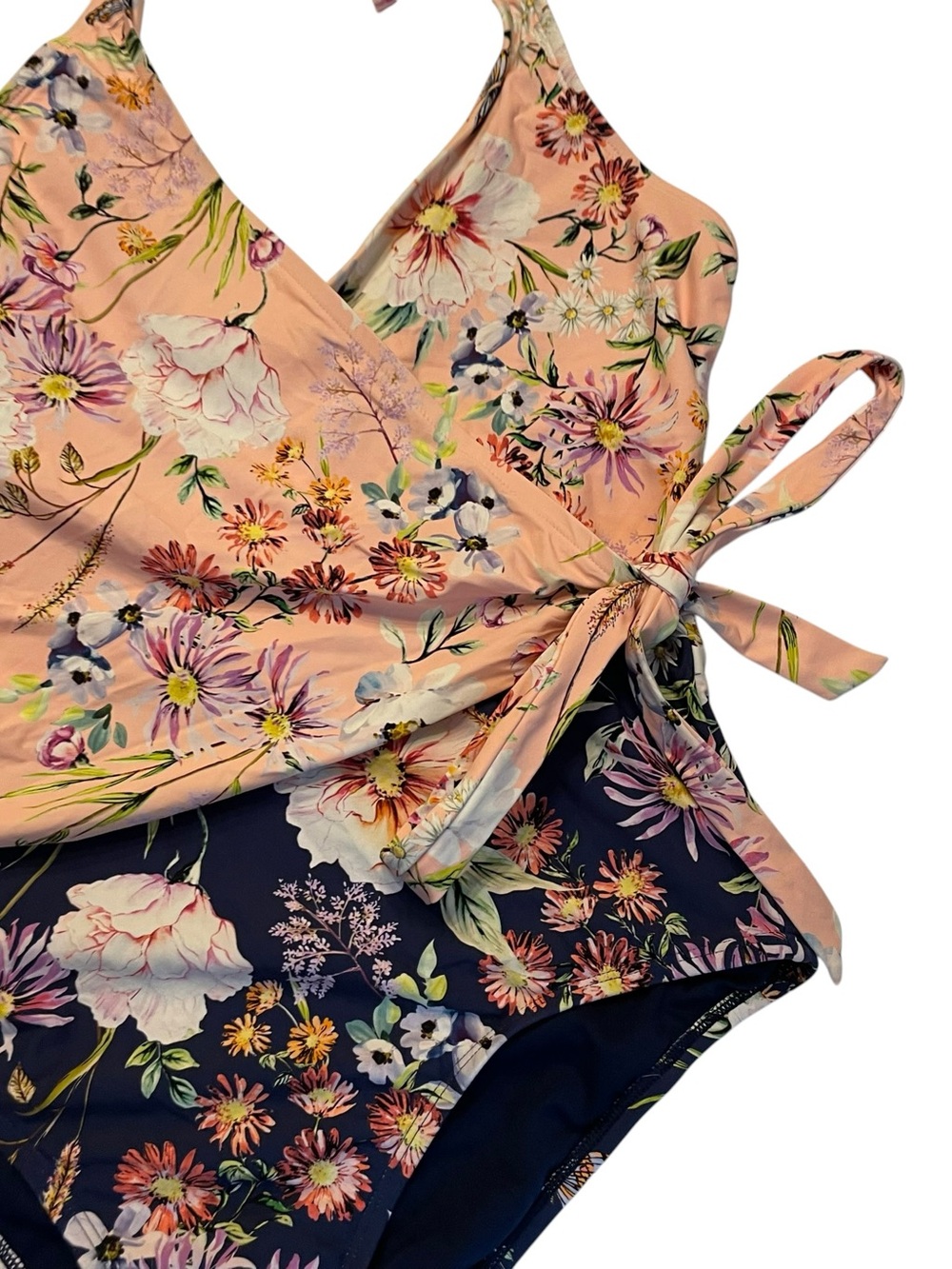 Freshwater Pink & Navy Floral Wrap Halter Top One-Piece Swimsuit sz Large - Picture 2 of 6